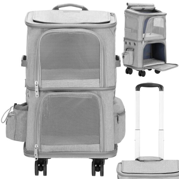 Carucior tip troller pentru transport animale, dublu cu 2 compartimente separate, maxim 22 kg, 55x34x26 cm, gri - imagine 5
