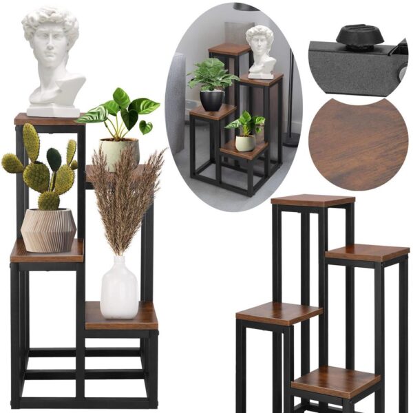 Stand pentru flori, cadru metalic, 4 etajere, 34x34x68 cm, maro inchis - imagine 5