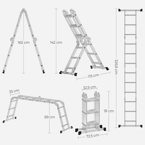 SONGMICS Scara multifunctionala din aluminiu, cu 2 placi tip platforma, 12 trepte, sarcina 150 kg, gri - imagine 3