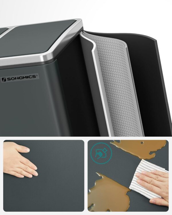 SONGMICS Cos de gunoi din inox cu 3 compartimente colectare selectiva, cu galeti interioare, 3x18litri, gri inchis - imagine 4