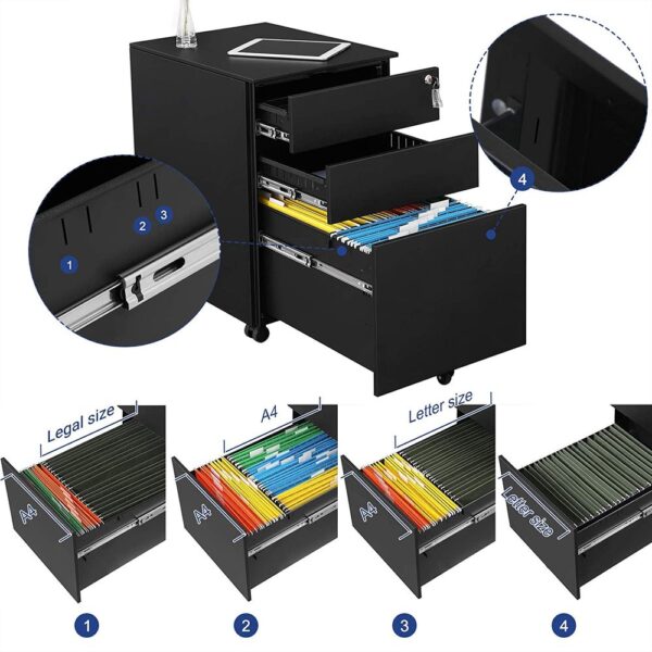 SONGMICS Dulap mobil tip rollbox pentru birouri, din otel, sertar cu sina dosare A4, 39x52x60 cm, negru - imagine 4
