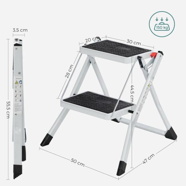 SONGMICS Scara pliabila cu 2 trepte, sarcina 150 kg, otel, 50x60x44 cm, alb si negru - imagine 4