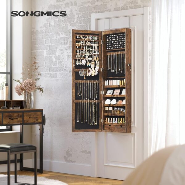 SONGMICS Dulap de bijuterii cu oglinda, din MDF, montare pe perete, 37x10x120 cm, maro rustic - imagine 4