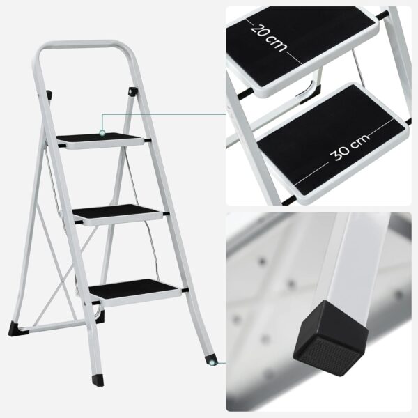 SONGMICS Scara pliabila cu 3 trepte, sarcina 150 kg, otel, 47x75x105 cm, alb si negru - imagine 5