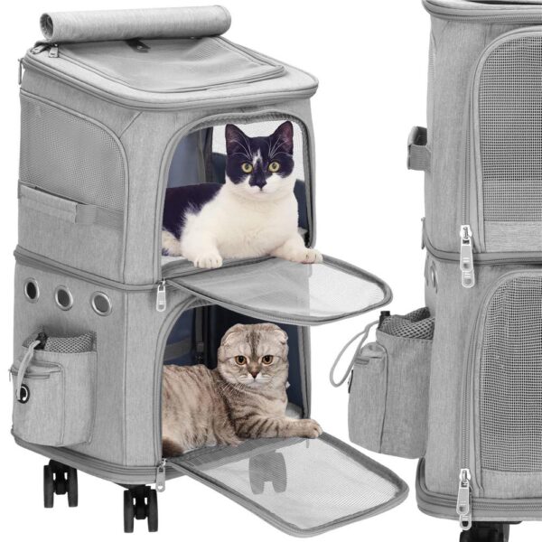 Carucior tip troller pentru transport animale, dublu cu 2 compartimente separate, maxim 22 kg, 55x34x26 cm, gri - imagine 7
