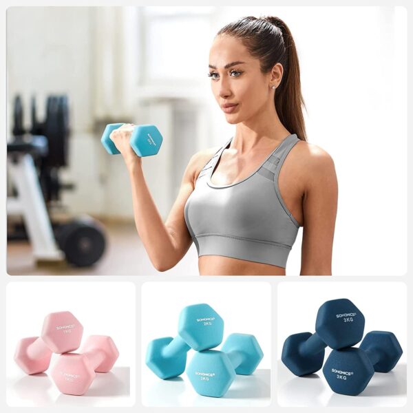 SONGMICS Set de 6 gantere hexagonale cu suport, 2x1 kg 2x2 kg 2x3 kg, multicolor - imagine 6
