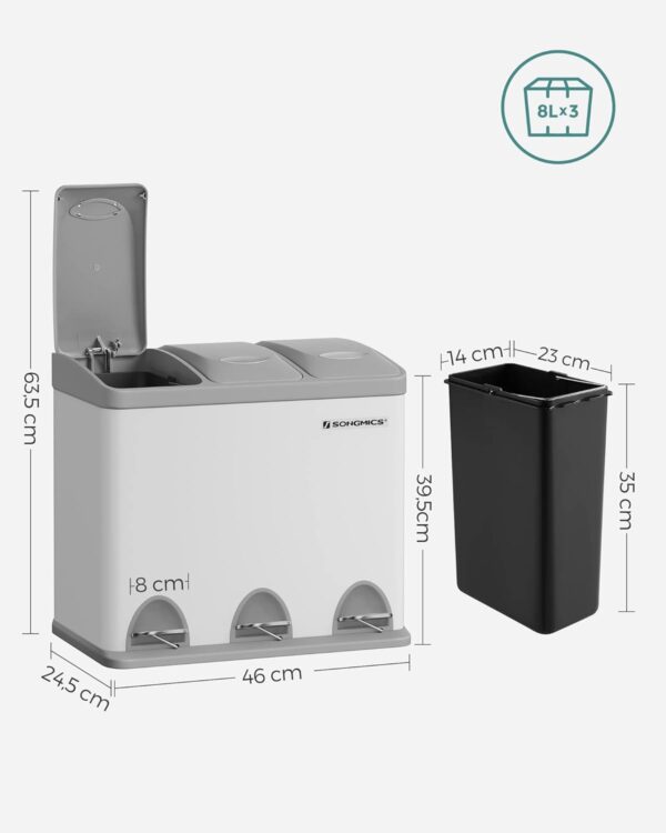 SONGMICS Cos de gunoi din otel cu 3 compartimente colectare selectiva, cu galeti interioare, 3x8litri, alb si gri - imagine 6
