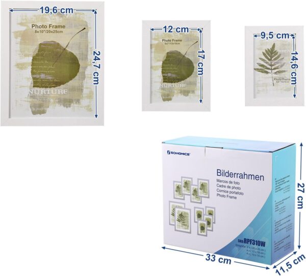 SONGMICS set rame foto 10 buc, 28x24 / 21x16 / 18x13 cm, alb, montaj perete sau birou, MDF si plastic - imagine 7