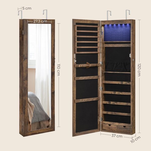 SONGMICS Dulap de bijuterii cu oglinda, din MDF, montare pe perete, 37x10x120 cm, maro rustic - imagine 6