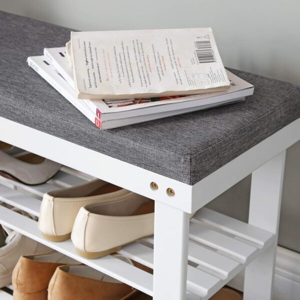 SONGMICS Banca pentru pantofi din bambus, 2 niveluri, cu perna, sarcina 150 kg, 71x29x49 cm, alb si gri - imagine 8