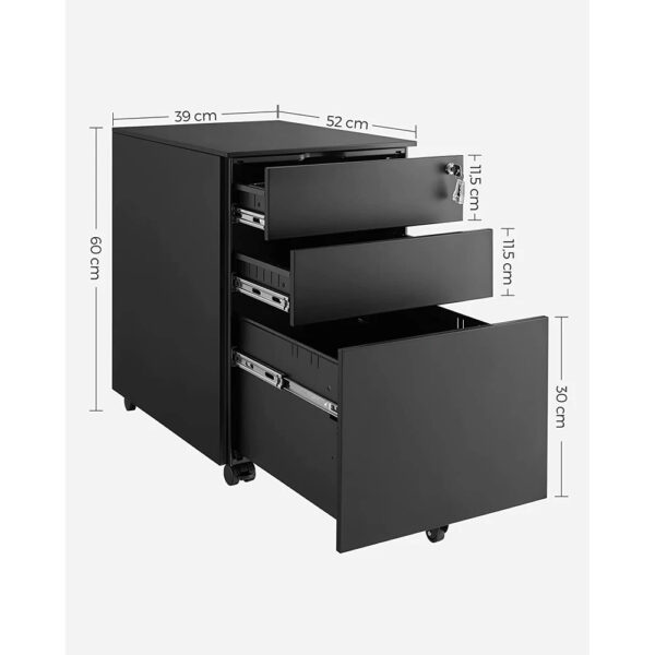 SONGMICS Dulap mobil tip rollbox pentru birouri, din otel, sertar cu sina dosare A4, 39x52x60 cm, negru - imagine 6