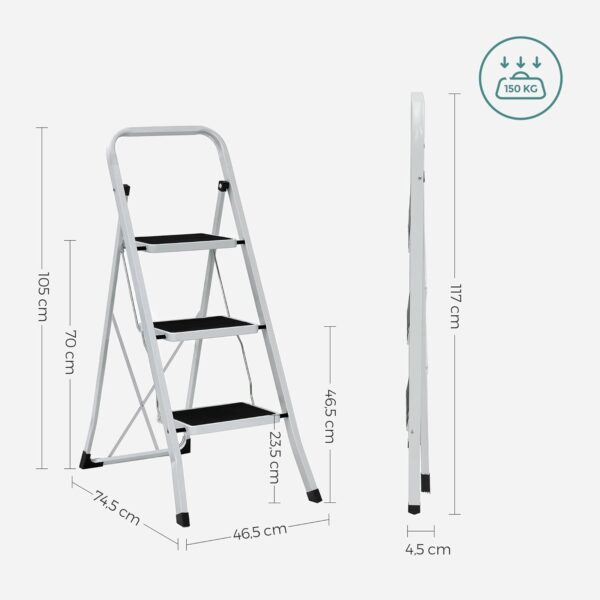 SONGMICS Scara pliabila cu 3 trepte, sarcina 150 kg, otel, 47x75x105 cm, alb si negru - imagine 7