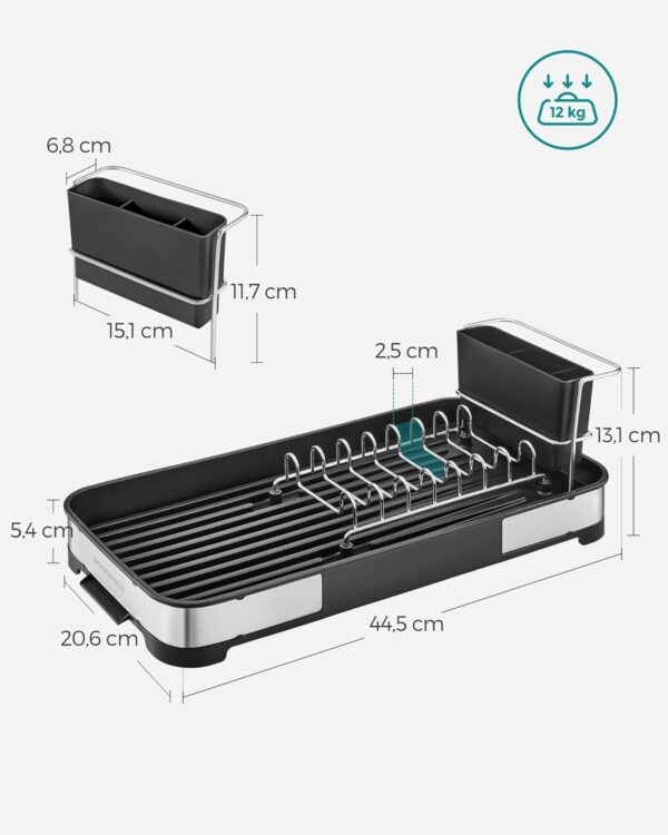 SONGMICS Uscator de vase si tacamuri, din inox, suport pentru tacamuri si sistem de scurgere, 21x45x13 cm - imagine 7