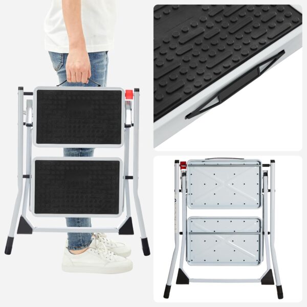 SONGMICS Scara pliabila cu 2 trepte, sarcina 150 kg, otel, 50x60x44 cm, alb si negru - imagine 7