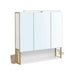 VASAGLE Dulap de baie de perete, 3 usi cu oglinda, compartiment deschis, 15x70x70 cm, alb auriu