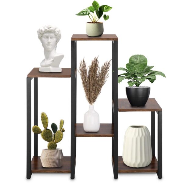 Suport pentru flori, 79x69x24 cm, negru/maro inchis – 6 rafturi, cadru metalic, design modern - imagine 16