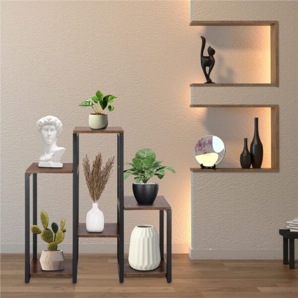 Suport pentru flori, 79x69x24 cm, negru/maro inchis – 6 rafturi, cadru metalic, design modern - imagine 9