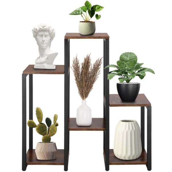 Suport pentru flori, 79x69x24 cm, negru/maro inchis – 6 rafturi, cadru metalic, design modern - imagine 10