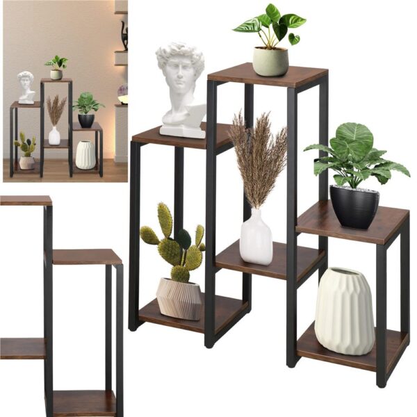 Suport pentru flori, 79x69x24 cm, negru/maro inchis – 6 rafturi, cadru metalic, design modern - imagine 11