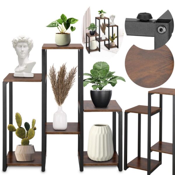 Suport pentru flori, 79x69x24 cm, negru/maro inchis – 6 rafturi, cadru metalic, design modern - imagine 12