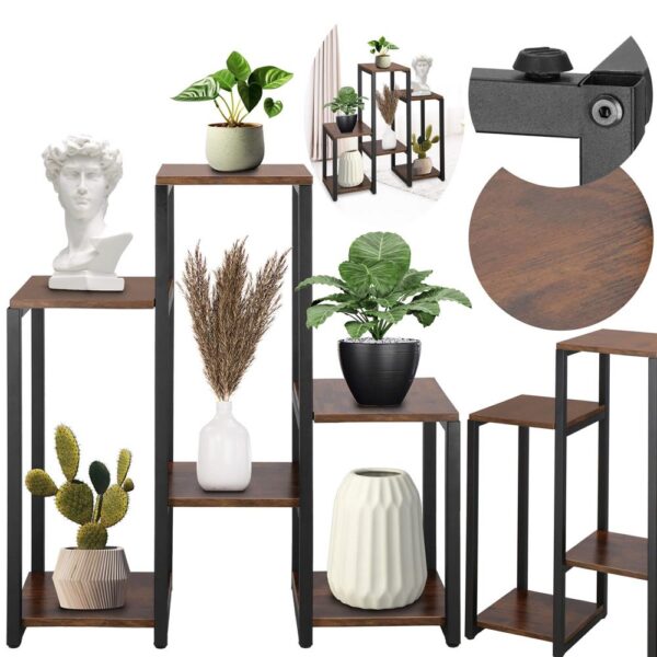 Suport pentru flori, 79x69x24 cm, negru/maro inchis – 6 rafturi, cadru metalic, design modern - imagine 13