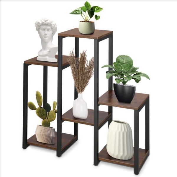 Suport pentru flori, 79x69x24 cm, negru/maro inchis – 6 rafturi, cadru metalic, design modern - imagine 14