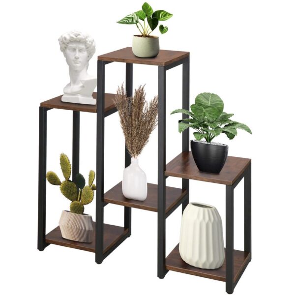 Suport pentru flori, 79x69x24 cm, negru/maro inchis – 6 rafturi, cadru metalic, design modern - imagine 15
