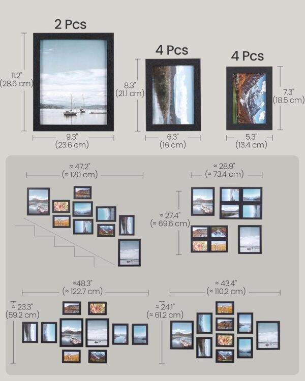 SONGMICS set rame foto 10 buc, 28x24 / 21x16 / 18x13 cm, negru, montaj perete sau birou, MDF si plastic - imagine 4