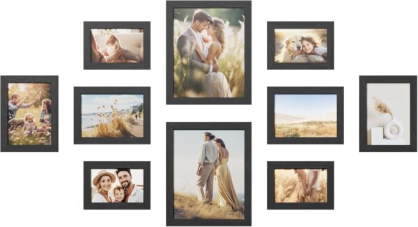 SONGMICS set rame foto 10 buc, 28x24 / 21x16 / 18x13 cm, negru, montaj perete sau birou, MDF si plastic - imagine 8