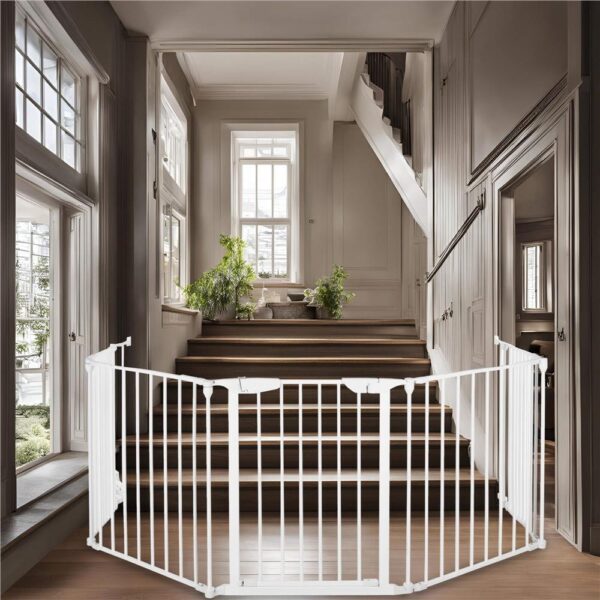 Bariera de protectie pentru copii, 318x75 cm, alba – 5 panouri, poarta cu blocare, montaj pe perete - imagine 4