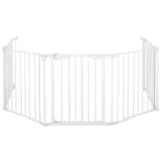 Bariera de protectie pentru copii, 318x75 cm, alba – 5 panouri, poarta cu blocare, montaj pe perete