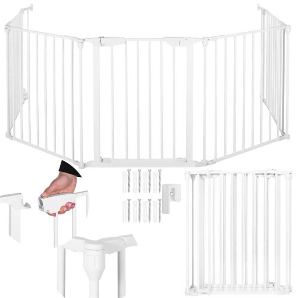 Bariera de protectie pentru copii, 318x75 cm, alba – 5 panouri, poarta cu blocare, montaj pe perete - imagine 14