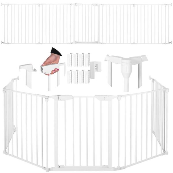 Bariera de protectie pentru copii, 318x75 cm, alba – 5 panouri, poarta cu blocare, montaj pe perete - imagine 2
