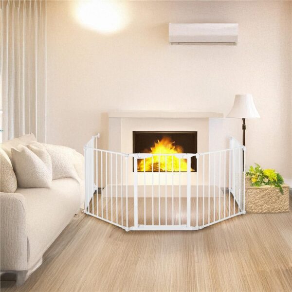 Bariera de protectie pentru copii, 318x75 cm, alba – 5 panouri, poarta cu blocare, montaj pe perete - imagine 3