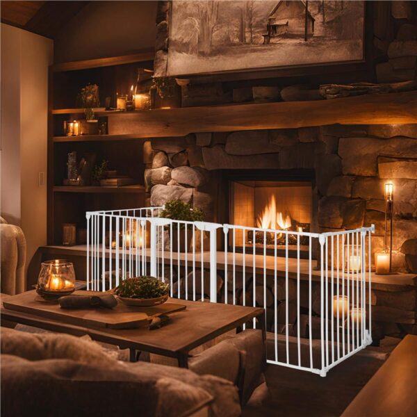 Bariera de protectie pentru copii, 318x75 cm, alba – 5 panouri, poarta cu blocare, montaj pe perete - imagine 6