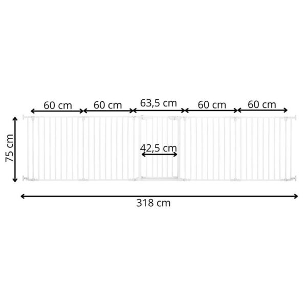 Bariera de protectie pentru copii, 318x75 cm, alba – 5 panouri, poarta cu blocare, montaj pe perete - imagine 7