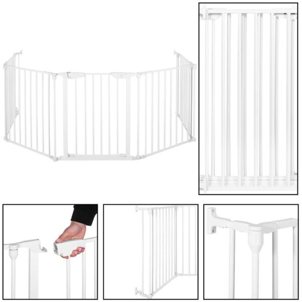 Bariera de protectie pentru copii, 318x75 cm, alba – 5 panouri, poarta cu blocare, montaj pe perete - imagine 11