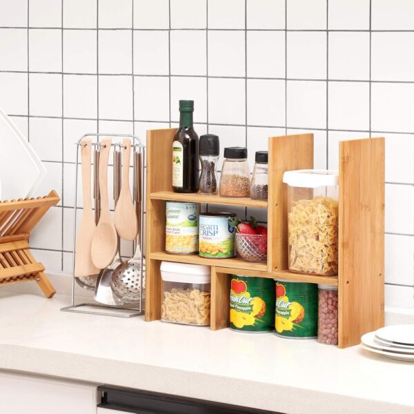 SONGMICS Organizator modular cu 3 forme de depozitare reglabile, din bambus, 65x15x40 cm, maro - imagine 2