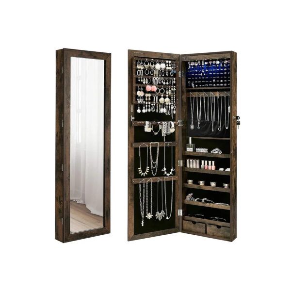 SONGMICS Dulap de bijuterii cu oglinda, din MDF, montare pe perete, 37x10x120 cm, maro rustic - imagine 12