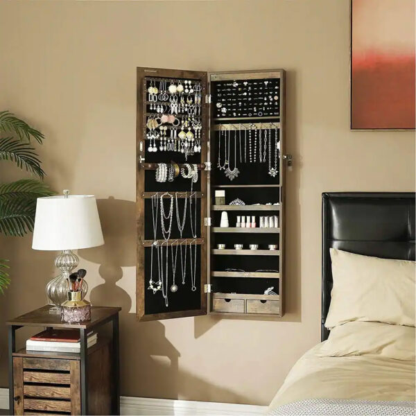 SONGMICS Dulap de bijuterii cu oglinda, din MDF, montare pe perete, 37x10x120 cm, maro rustic - imagine 9