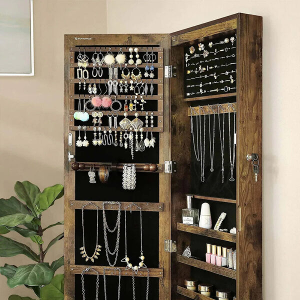 SONGMICS Dulap de bijuterii cu oglinda, din MDF, montare pe perete, 37x10x120 cm, maro rustic - imagine 8