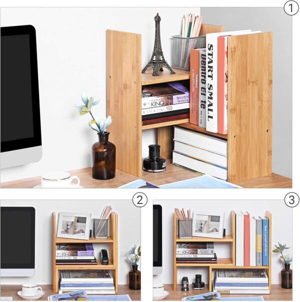 SONGMICS Organizator modular cu 3 forme de depozitare reglabile, din bambus, 65x15x40 cm, maro - imagine 7