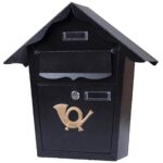 Cutie postala eleganta din metal negru, design clasic cu emblema aurie, rezistenta la intemperii, 38x38x10cm
