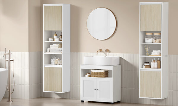 VASAGLE Dulap baie cu montare pe podea sau perete, 7 compartimente, 30x40x160 cm, alb bej - imagine 2
