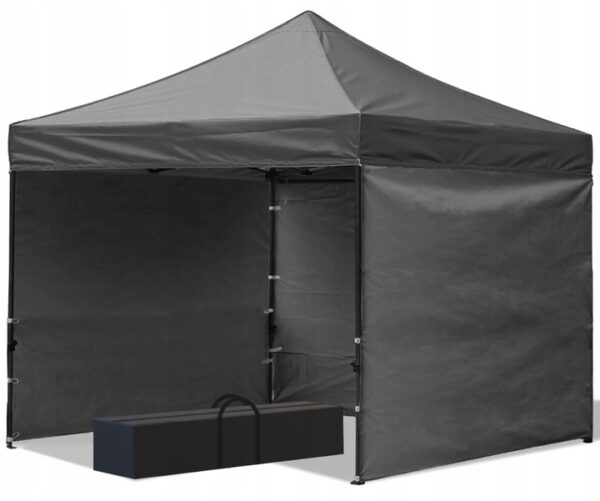 Cort tip pavilion cu 3 pereti laterali, structura solida otel si acoperis impermeabil PVC, 3x3 m cu inaltime reglabila, gri - imagine 6