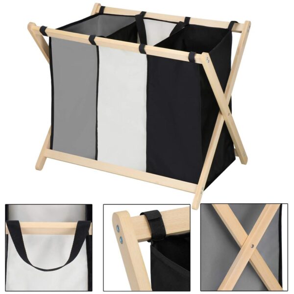 Cos de rufe cu 3 compartimente, cadru din lemn, 67x42x57 cm, 105 litri - imagine 15