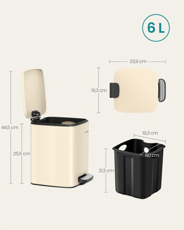 SONGMICS Cos de gunoi pentru baie, cu pedala si soft-close, 6 litri, bej - imagine 2