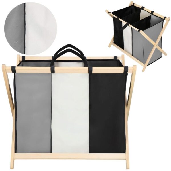 Cos de rufe cu 3 compartimente, cadru din lemn, 67x42x57 cm, 105 litri - imagine 3