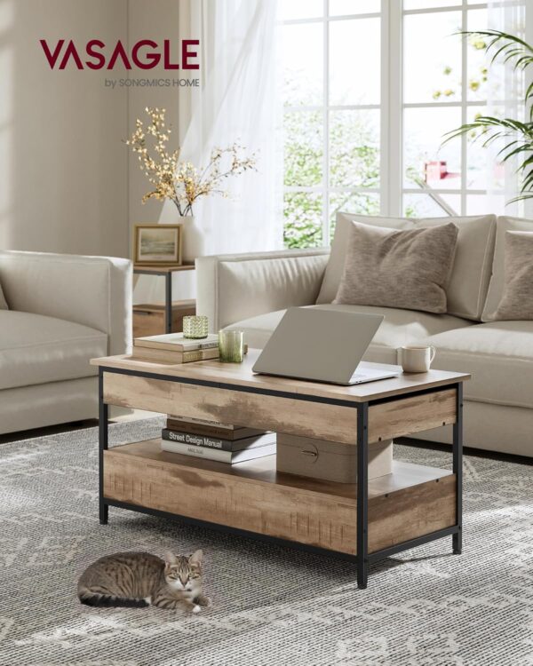 VASAGLE Masuta de cafea cu blat rabatabil 100x50 cm, 5 compartimente, stil industrial, PAL si otel, maro-negru - imagine 2