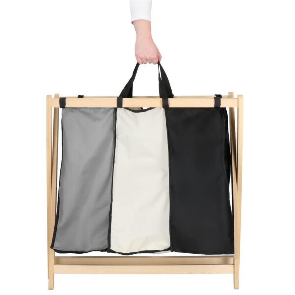Cos de rufe cu 3 compartimente, cadru din lemn, 67x42x57 cm, 105 litri - imagine 19